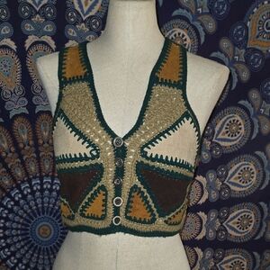 Authentic Vintage Crop Vest, Leather And Crocheted